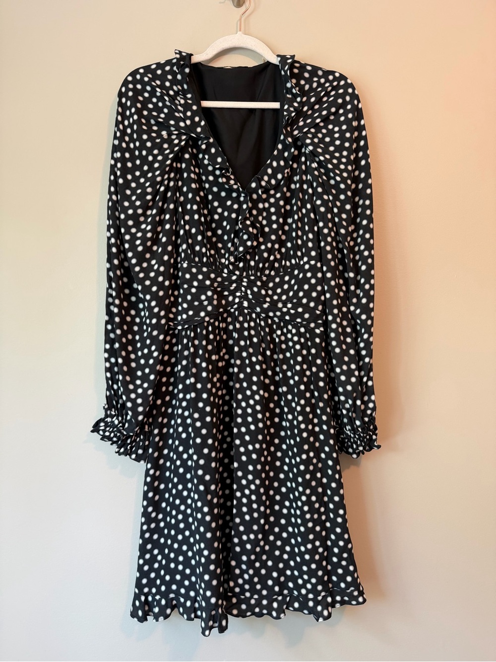Ungaro Black & White Polka Dot Ruffle Neck Midi Dress Sz L VGUC